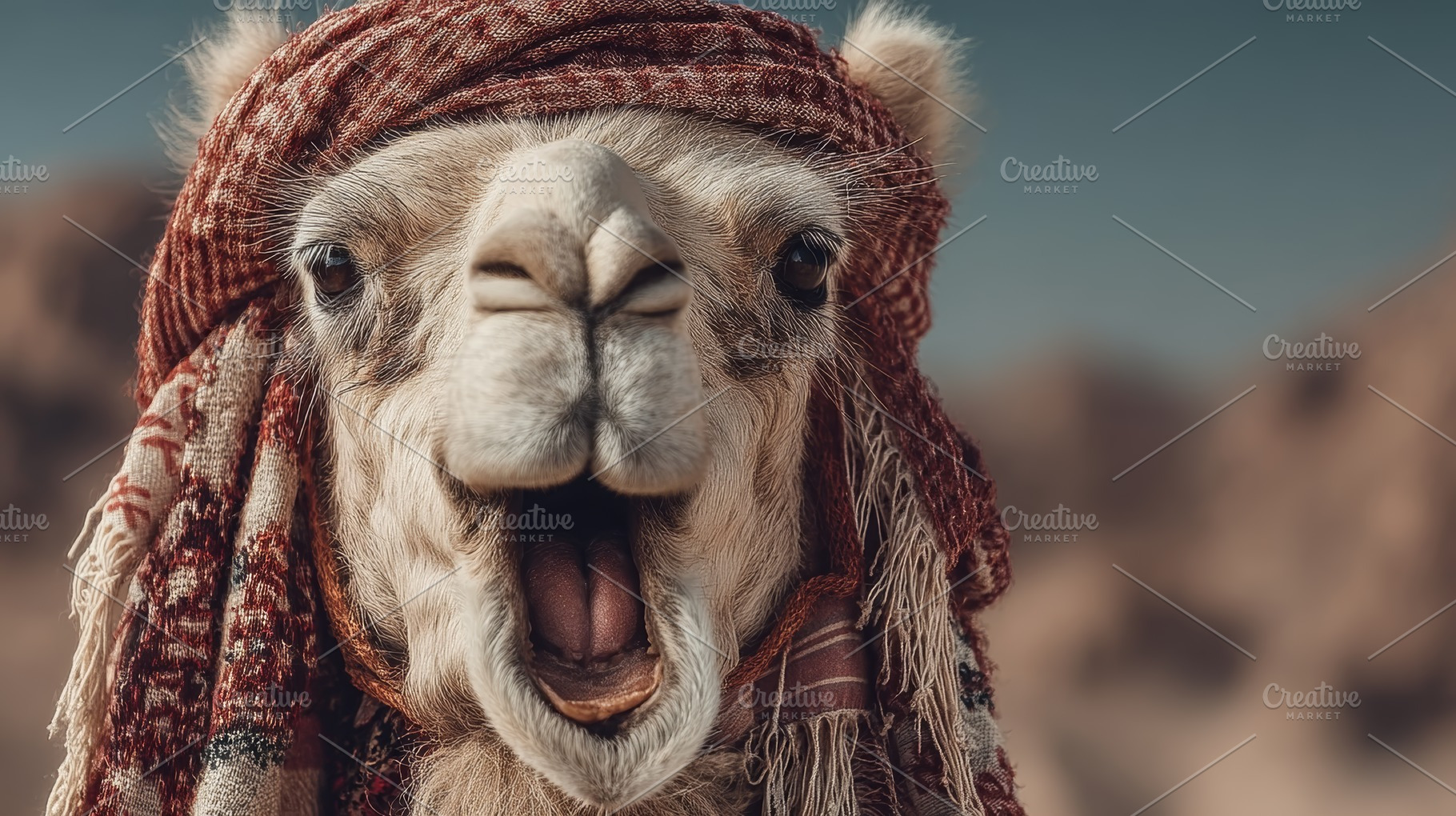 Funny camel yawning in the desert with a headscarf, an expressive close-up port, a Photo by AS photostudio