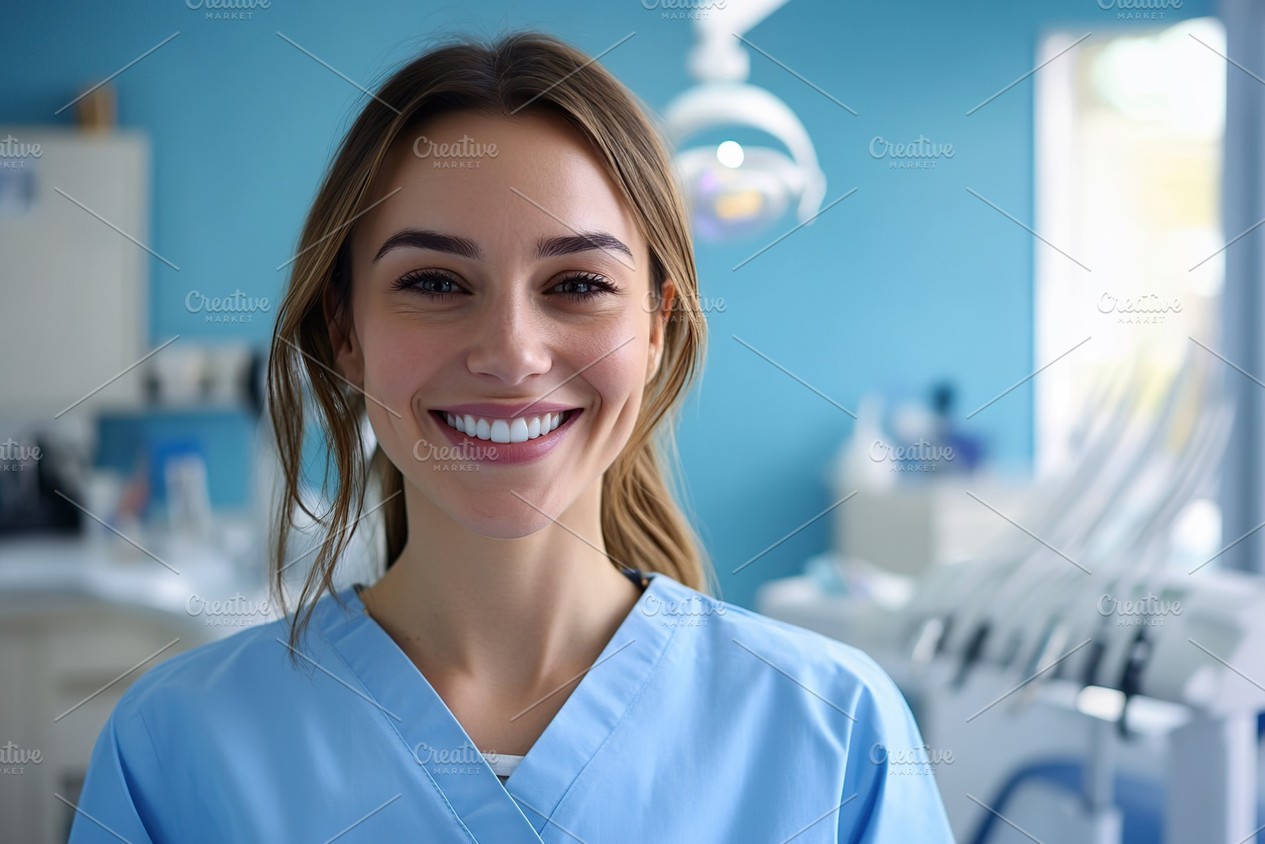 Female dentist smiling in dental clinic, promoting oral health and patient care, a Health & Medical Photo by AlyaAnd