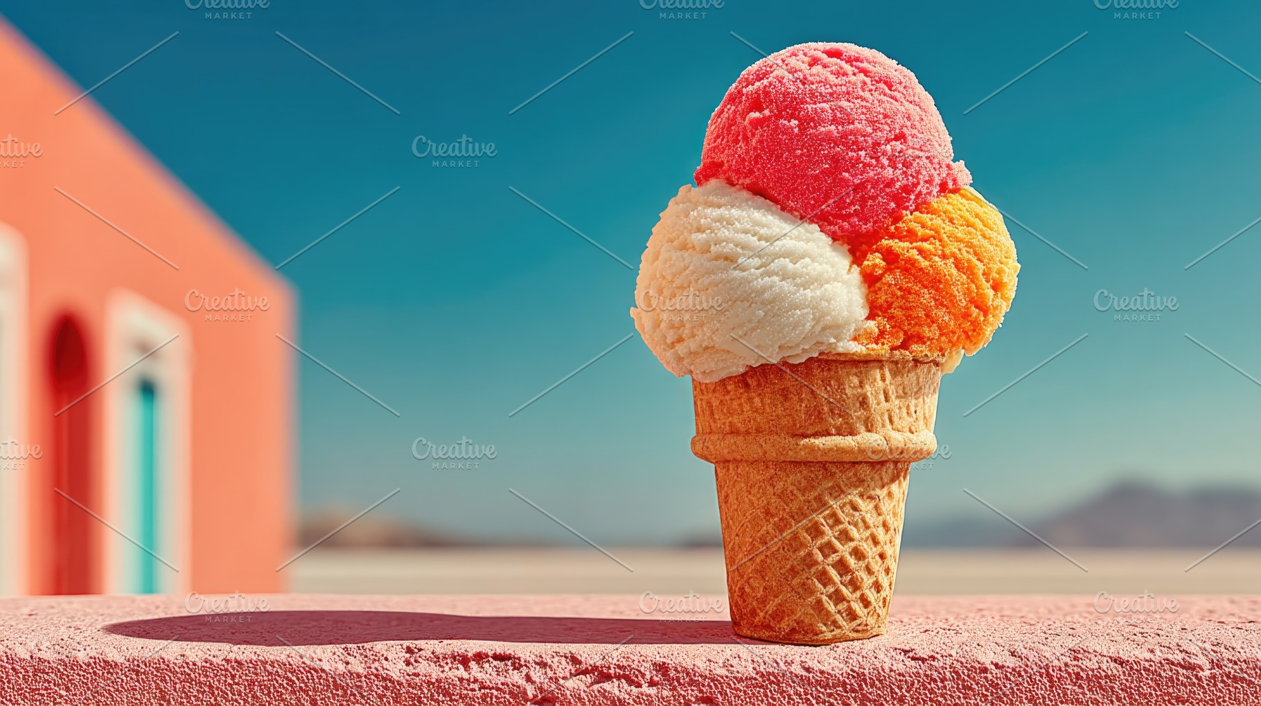 Colorful ice cream cone on sunny background, summer dessert conc, a Food & Drink Photo by José Manuel Gelpi