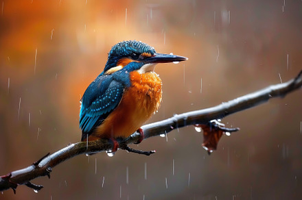 A vibrant kingfisher sits on a bare, a Photo by Tanuart