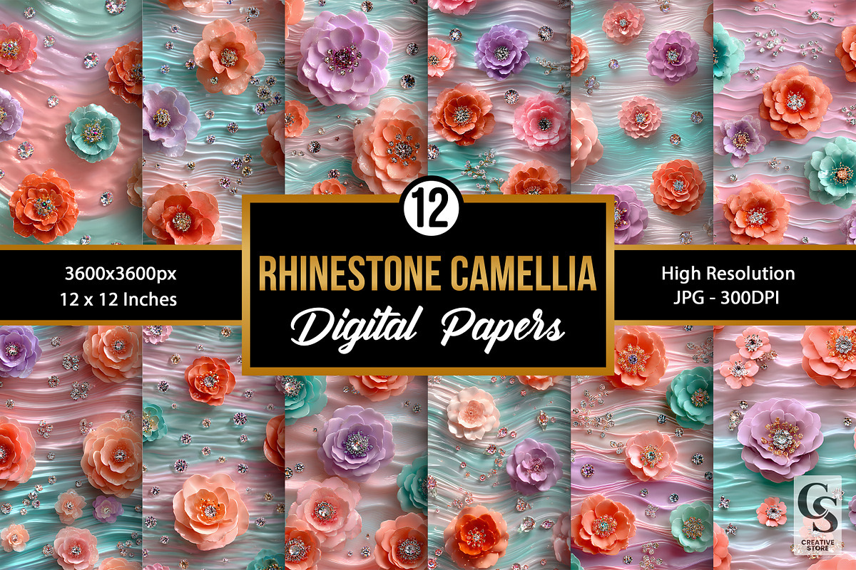 Rhinestones & Camellia Flower Papers, a Pattern Graphic by Creative Store (Photo 1 of 5)