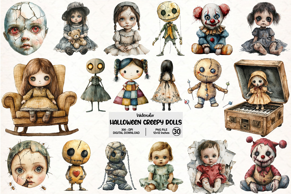 Creepy Dolls Halloween Bundle, an Illustration by Pixels.Craft (Photo 1 of 7)