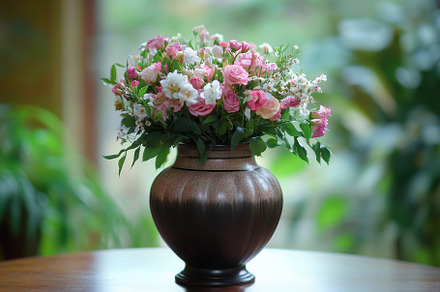 Beautiful vase filled with pink and, a Photo by Tanuart