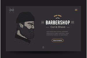 Barbershop Website Template. Bearded Man Illustration. Home Page Concept For Hairdressing Salon. UI Design Mockup.