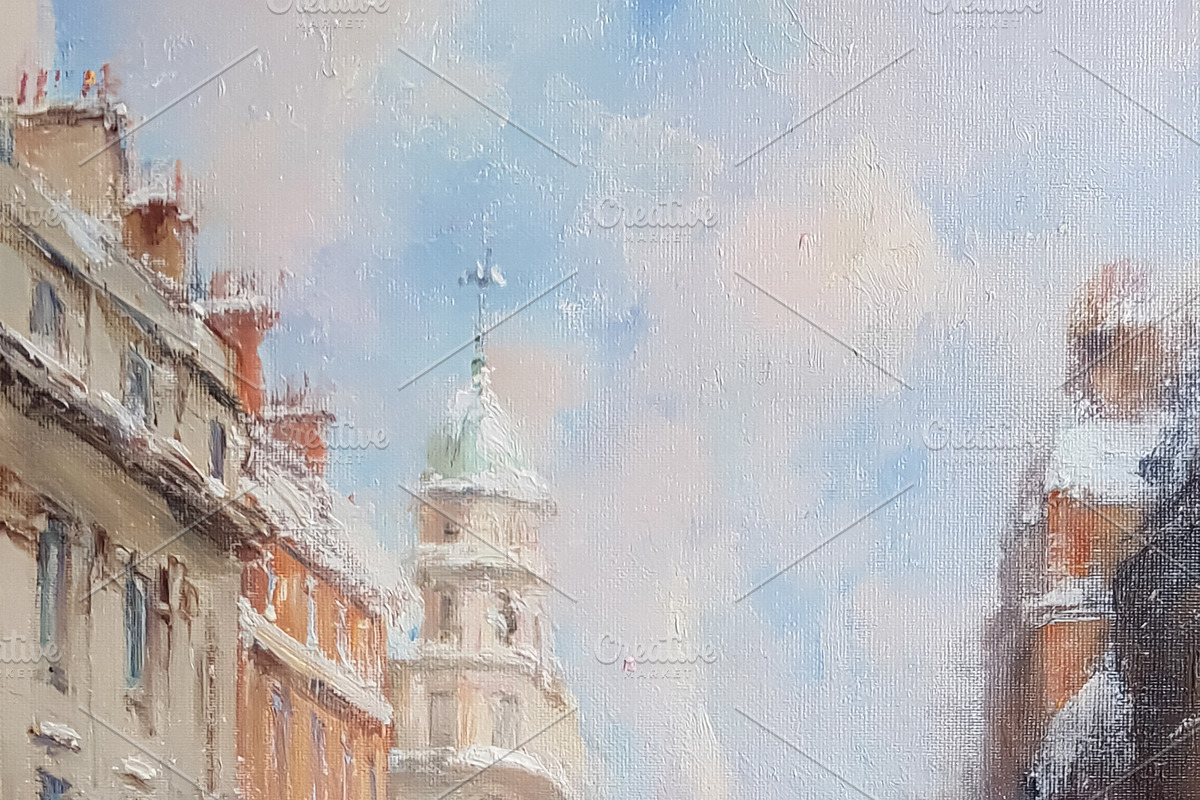 London street painting showing people walking on a snowy winter, a Decorative Illustration by Studio ANNA