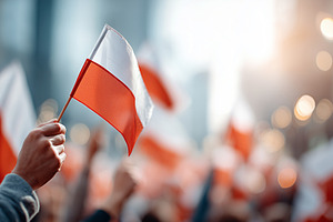 People wave Polish flags in a crowd, a Person Photo by MistyDay