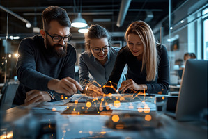 Three colleagues collaborate on a, a Business Photo by Sergey Kotenev