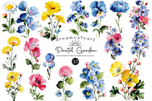 Pastel Garden Watercolor Flowers, an Illustration by DreamCafeArt