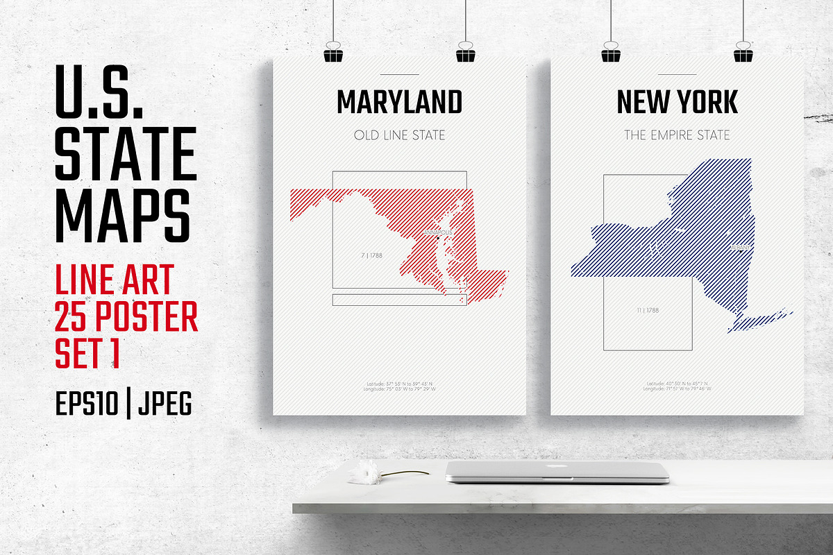 U.S. State Maps Line Art Poster set1, an Illustration by MaximGertsen (Photo 1 of 7)