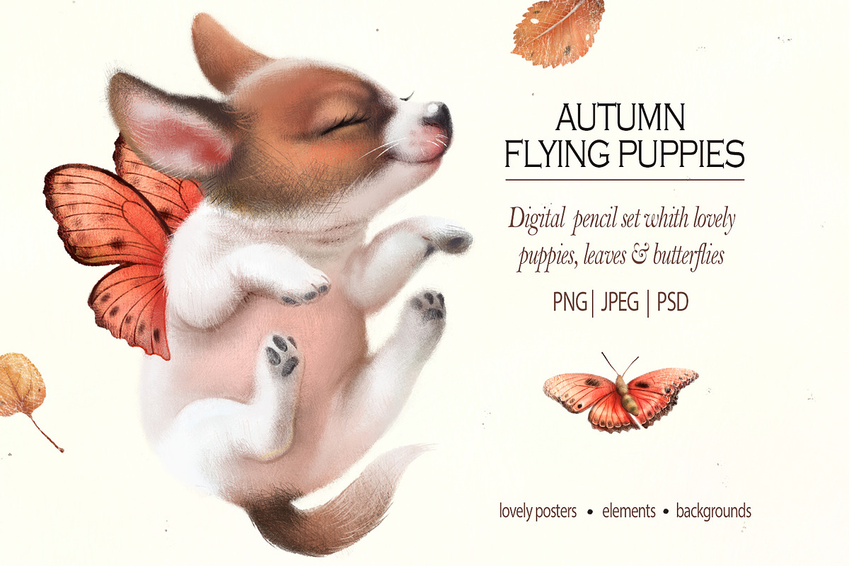 Autumn flying puppies digital pencil, an Illustration by TanyaSchuka (Photo 1 of 9)