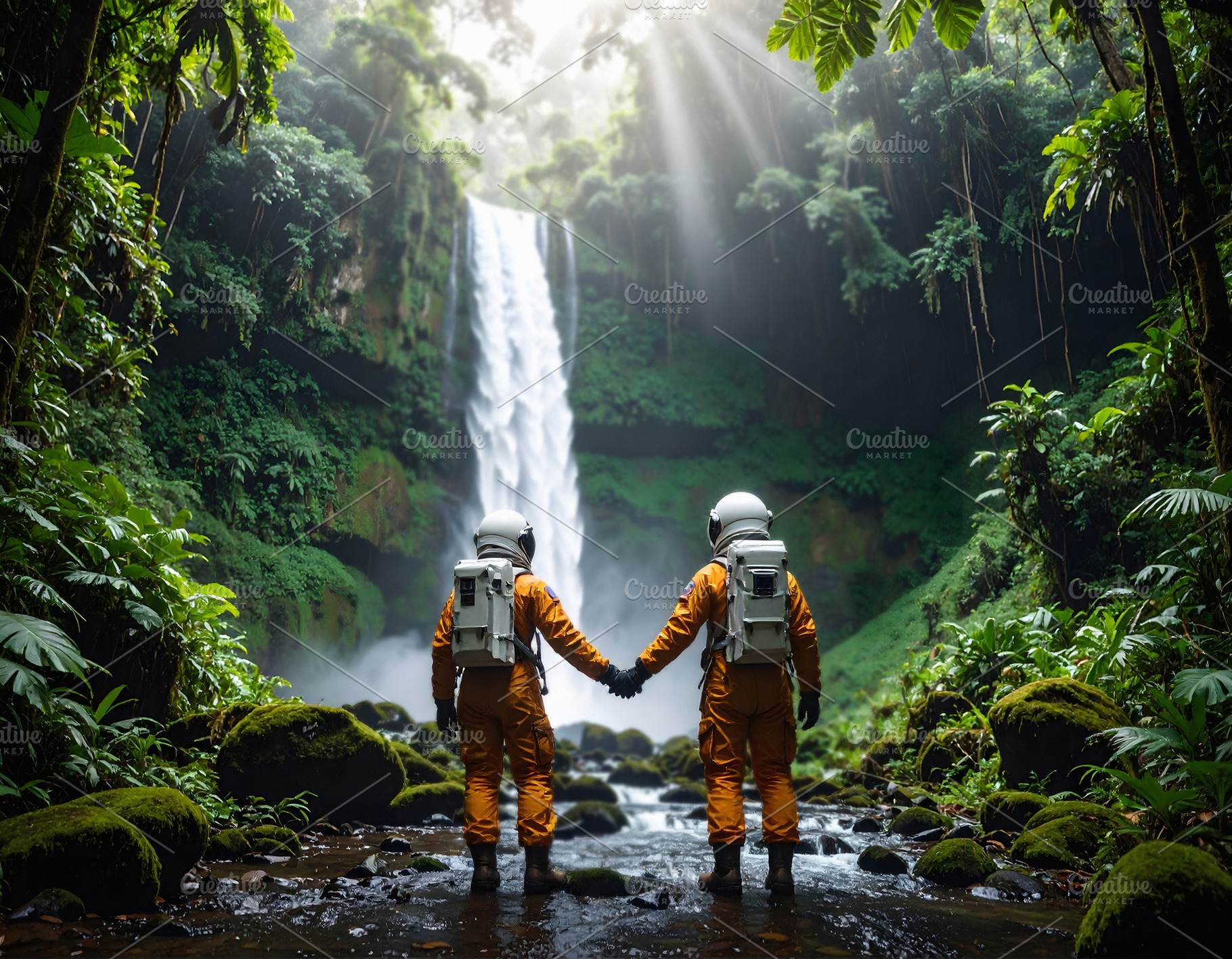 Astronauts together in forest near waterfall under glowing light, a Person Photo by GoodGoods