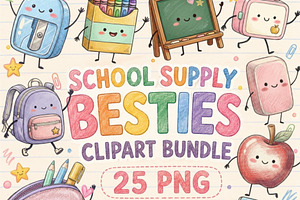 School Supply Besties Clipart Bundle, a Seasonal Illustration by Tanya Kart