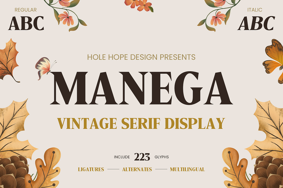 Manega | Vintage Serif Display Font, a Serif Font by Hole Hope Design (Photo 1 of 10)