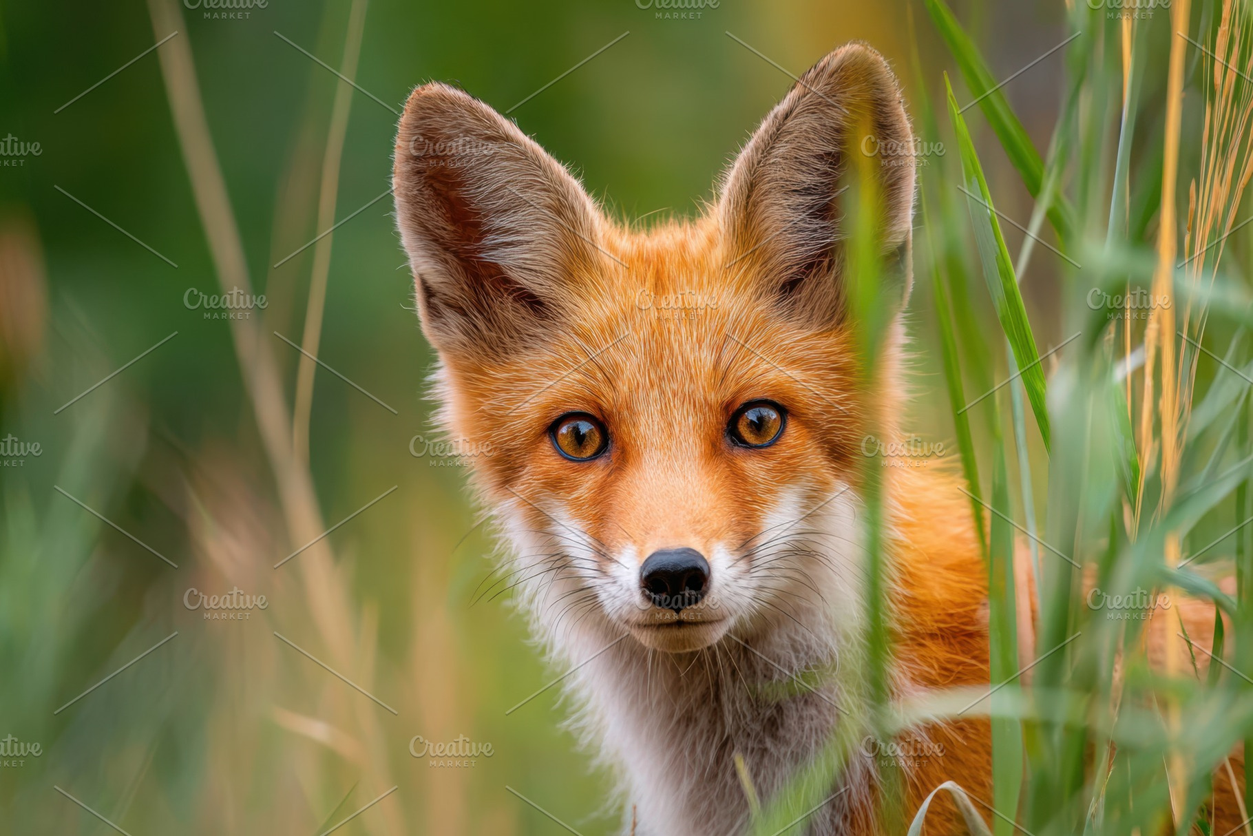 Close-up of a red fox in tall grass, an Animal Photo by AlyaAnd
