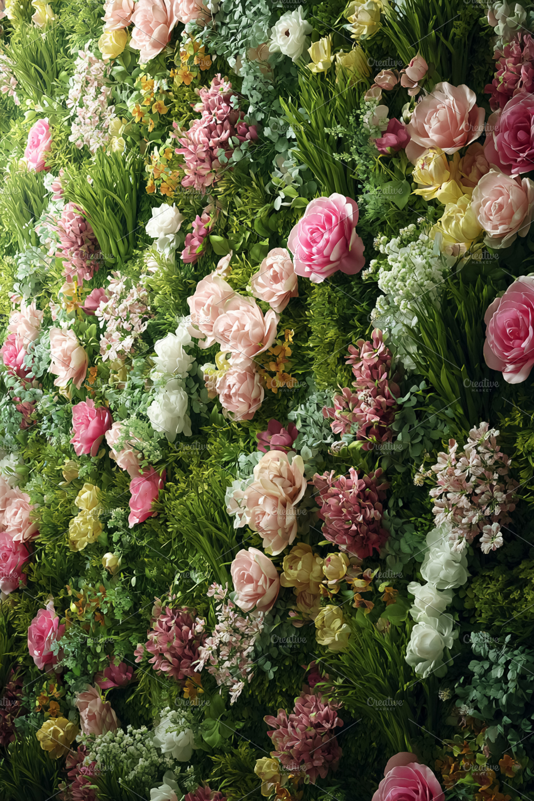 Lush floral wall with various blooming flowers and green foliage, a Photo by Studio ANNA