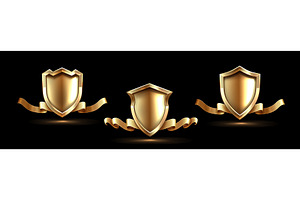 Golden shields with ribbons set, an Object Illustration by art PVP - market