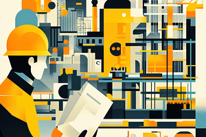 Engineer reviewing blueprints at a c, an Abstract Photo by Pixeness Studio