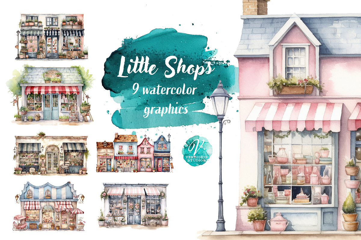Watercolor Little Shops Illustration, an Object Illustration by Verdigris Studios (Photo 1 of 3)