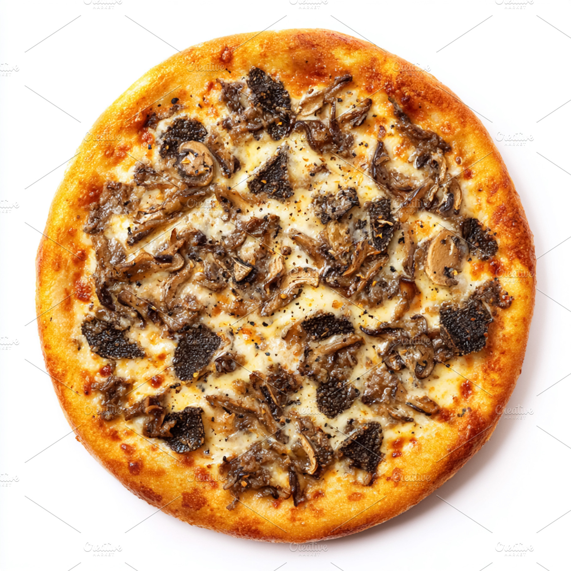 Round pizza showcasing rich dark truffles and delicious mushroom, a Photo by Studio ANNA