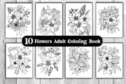 10 Flowers Adult Coloring Book, an Illustration by Design House