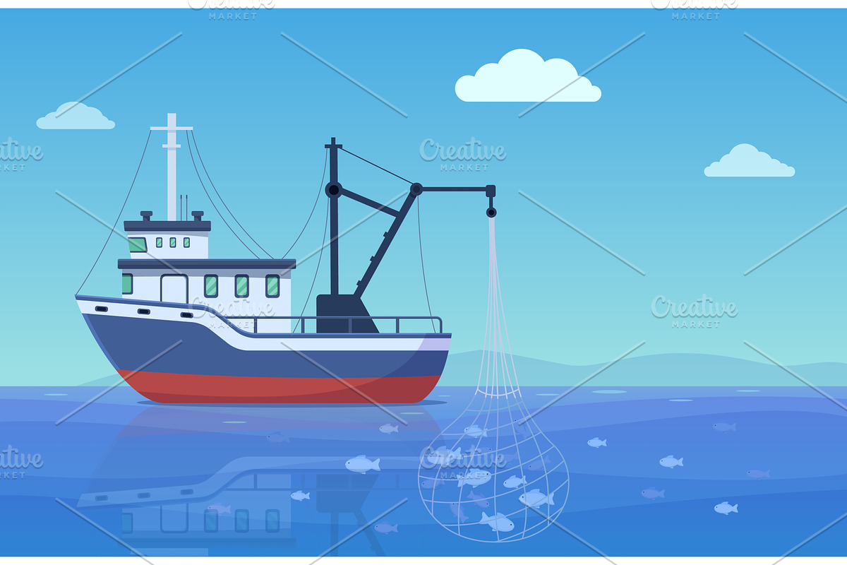 Industrial fishing. Ship with fish, an Illustration by Valerie Bodnar