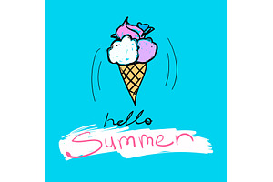 Tasty Ice-cream With Text Hello Summer. Vector Colorful Food Illustration And Lettering On A Blue Backround.