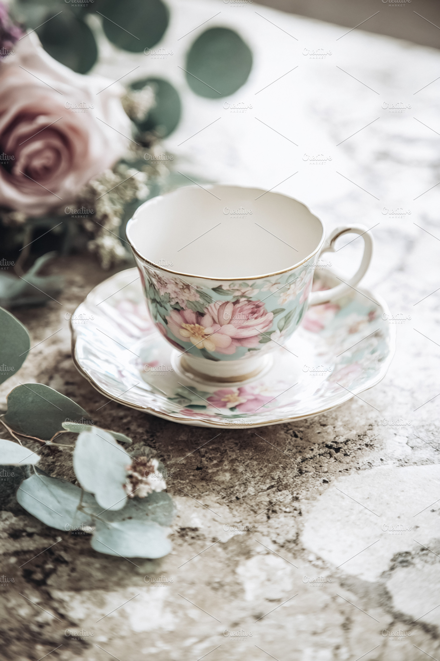 Vintage porcelain teacup and saucer with floral pattern surround, a Photo by Studio ANNA