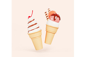 3d ice cream in waffle cups. Vanilla, a Food Illustration by Marozhkastudio