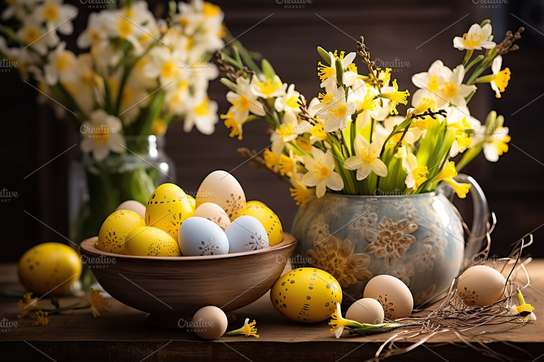 Colorful easter eggs with flowers on wooden background, a Holiday Photo by AlyaAnd