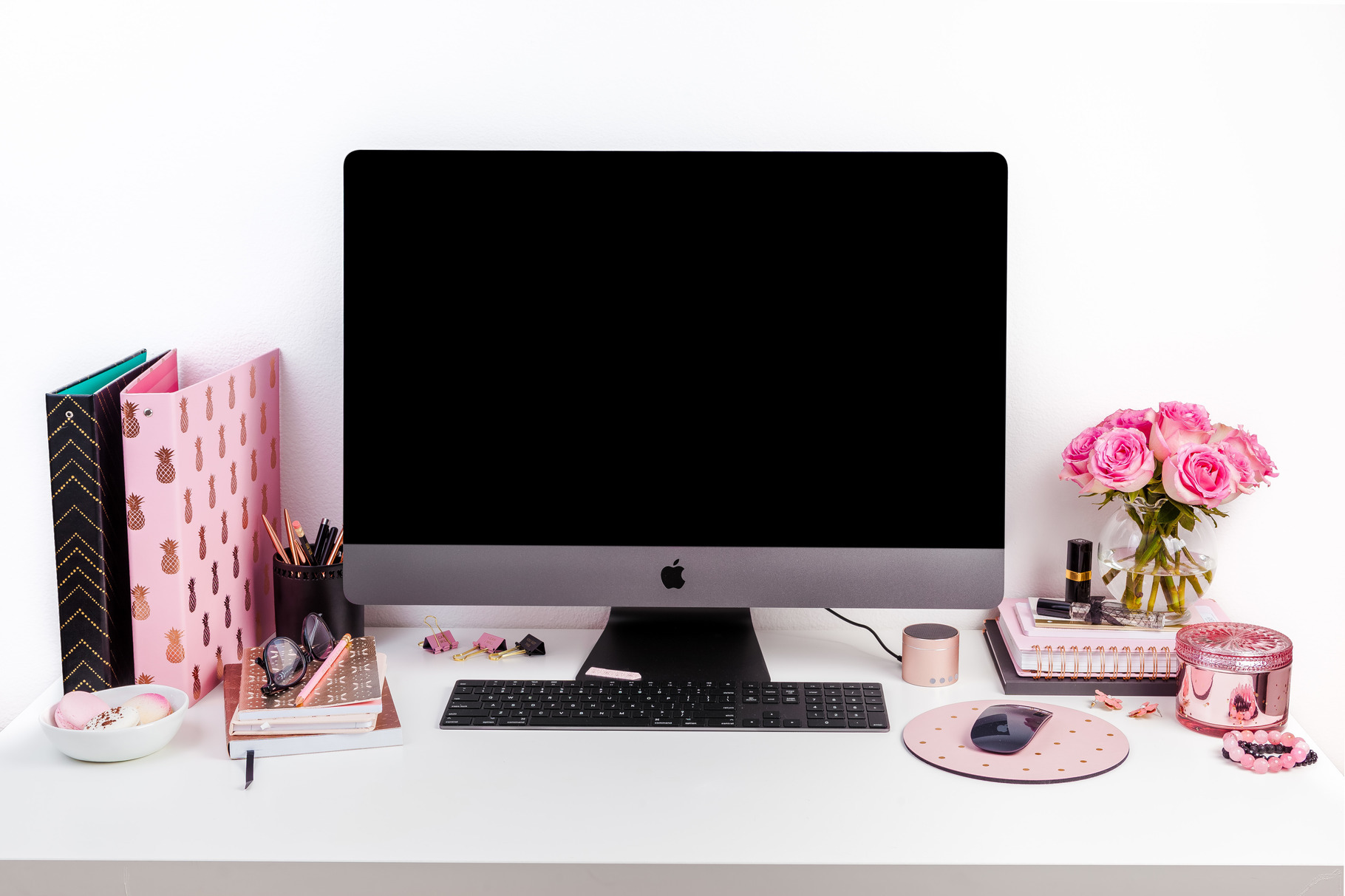 Imac mockup,computer,pink desk photo, a Background Photo by Marigold Stock