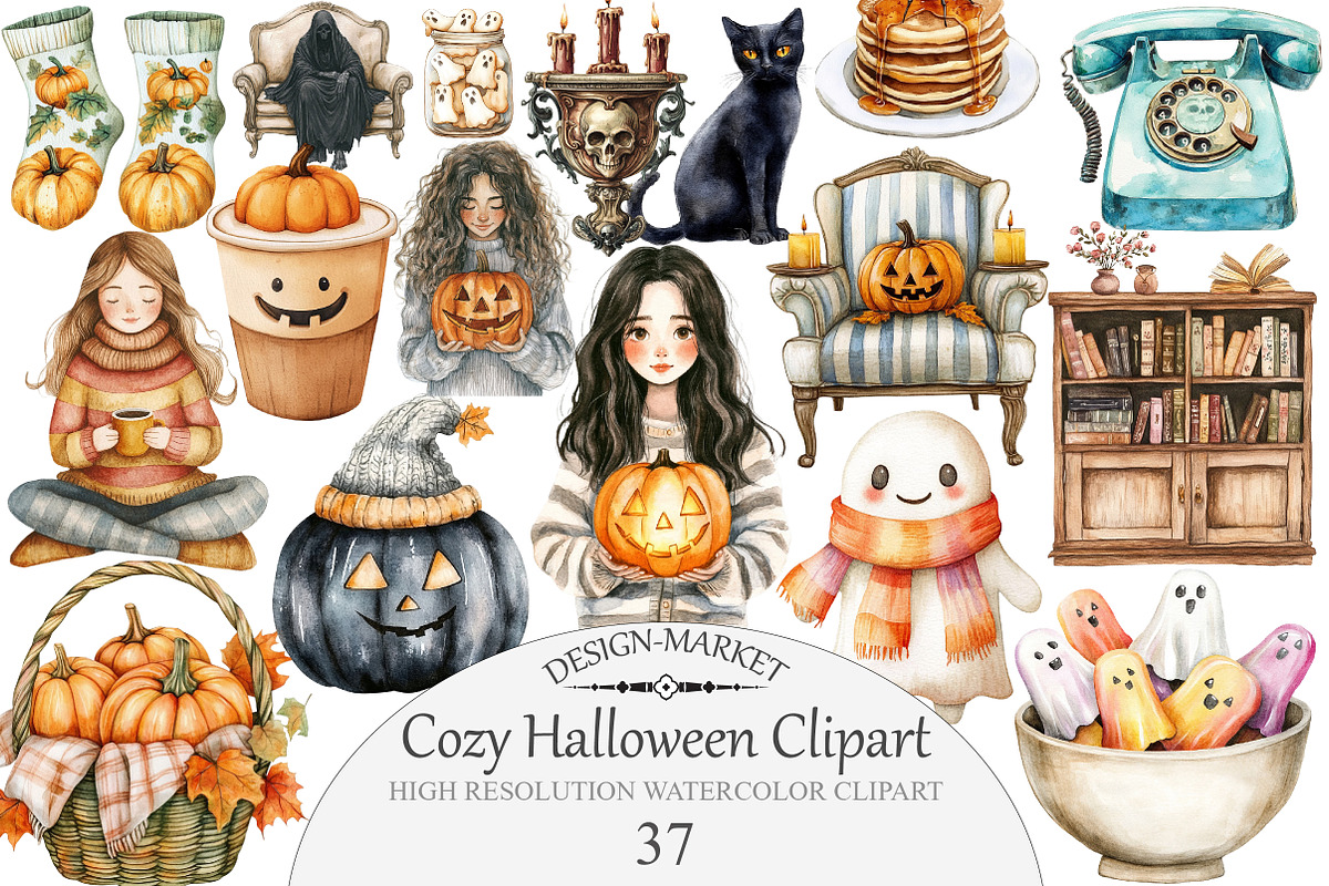 Watercolor Cozy Halloween Clipart, an Illustration by Design Market (Photo 1 of 4)