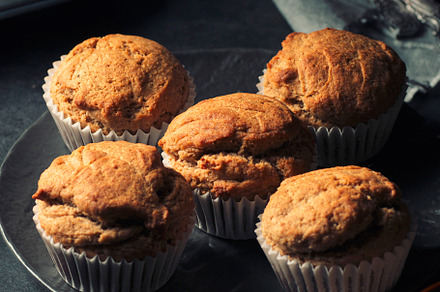 Delicious homemade vegan banana muffins close-up.