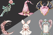 Watercolor Pink Halloween Clipart, an Illustration by Black Bird Studio (Thumbnail 2 of 6)