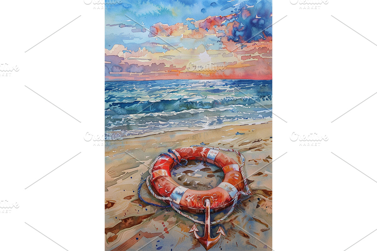 Life Ring and Anchor Beach Scene Art, an Animal Illustration by Art Paradise Studios