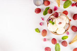 Tasty lychee sorbet ice cream bowl, a Food & Drink Photo by Rimma