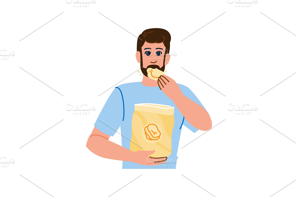 Bearded man eating potato chips from, a Person Illustration by pikepicture