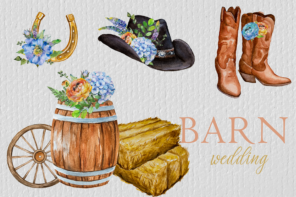 Watercolor Barn Wedding Clipart, an Object Illustration by  ArtCreationsDesign, image size:1200x800