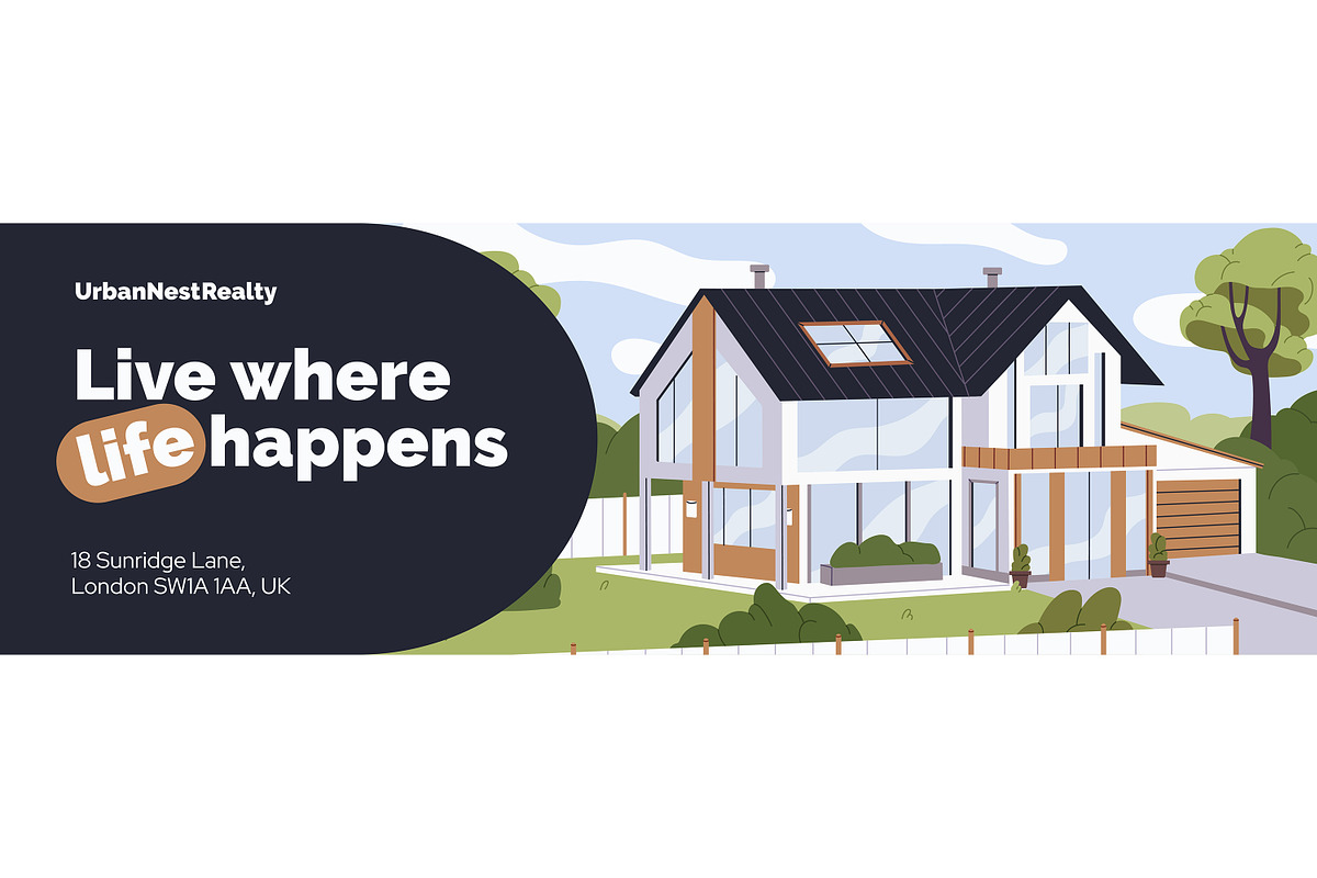 Modern suburban house cottage banner, an Object Illustration by PaperTrident (Photo 4 of 4)