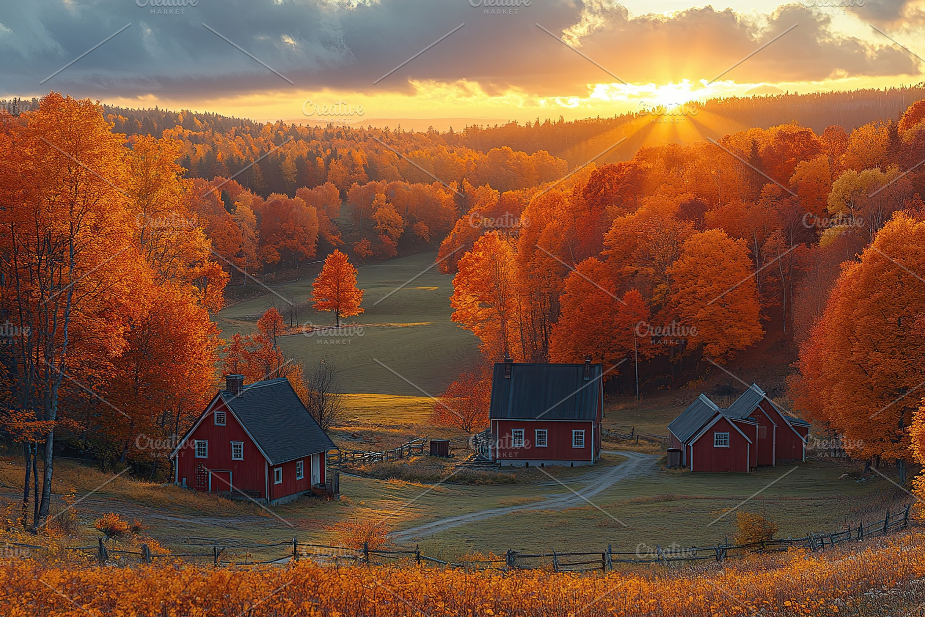 Vibrant autumn sunset over rural landscape with red houses and colorful trees, a Nature Photo by AlyaAnd