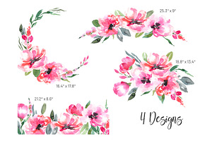 Watercolor Bright Pink Flowers Png