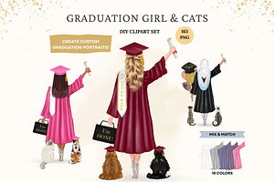 Graduation Girl with Cats Clipart, a Person Illustration by ColorfulPT