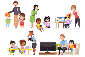 Parents with kids use gadgets, a Technology Illustration by YummyBuum