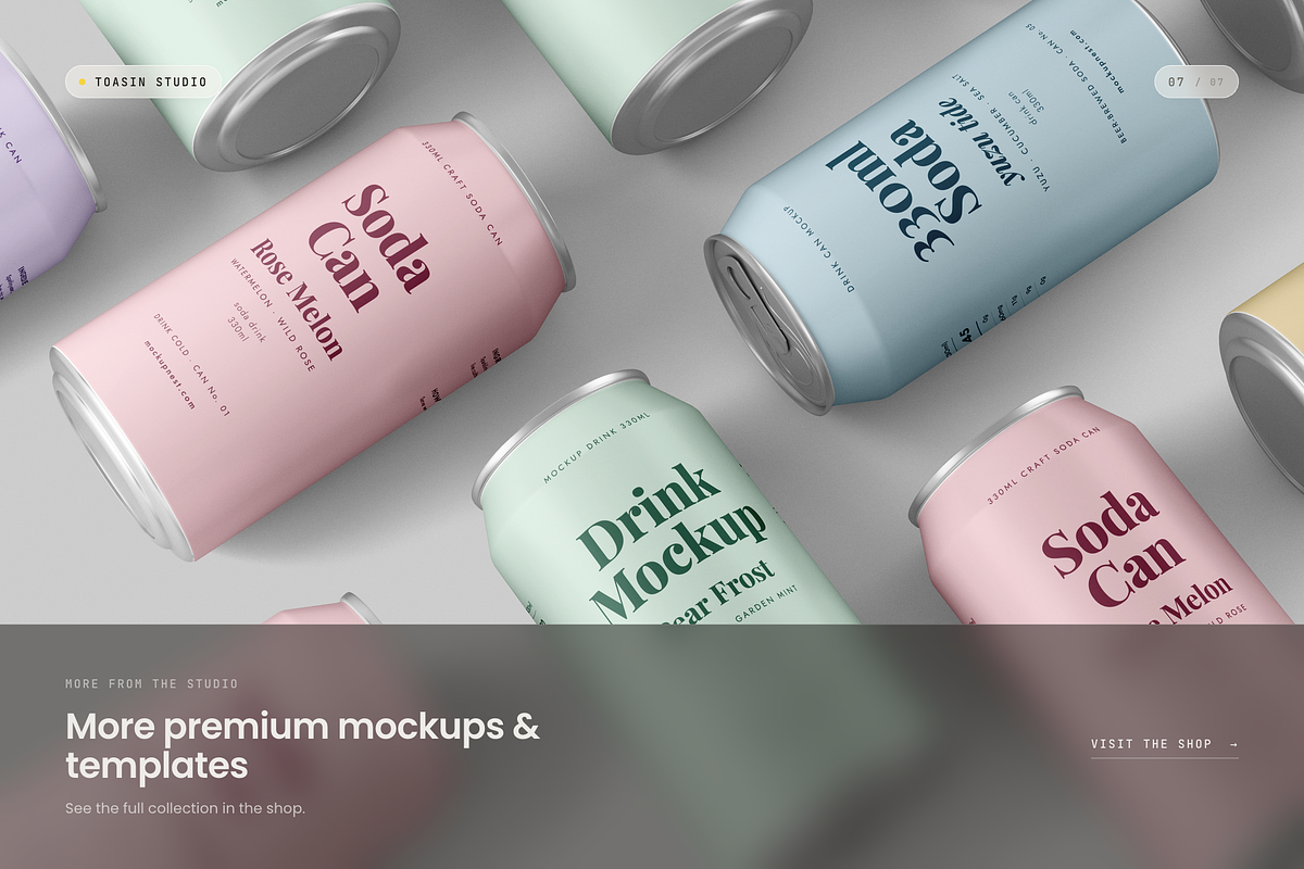 330ml Soda Can Mockup, a Packaging Mockup by Toasin Studio (Photo 7 of 7)