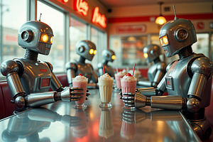 Retro robots enjoying milkshakes, a Photo by rarrarorro