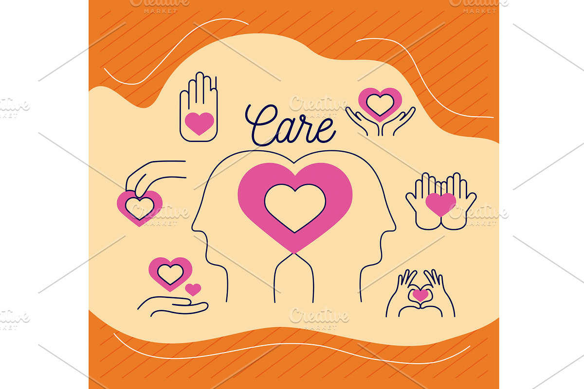heart between heads with care icons, an Object Illustration by studiogstock