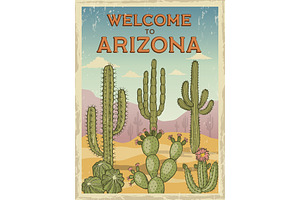 Design Template Of Retro Poster Welcome To Arizona. Illustrations Of Wild Cactuses