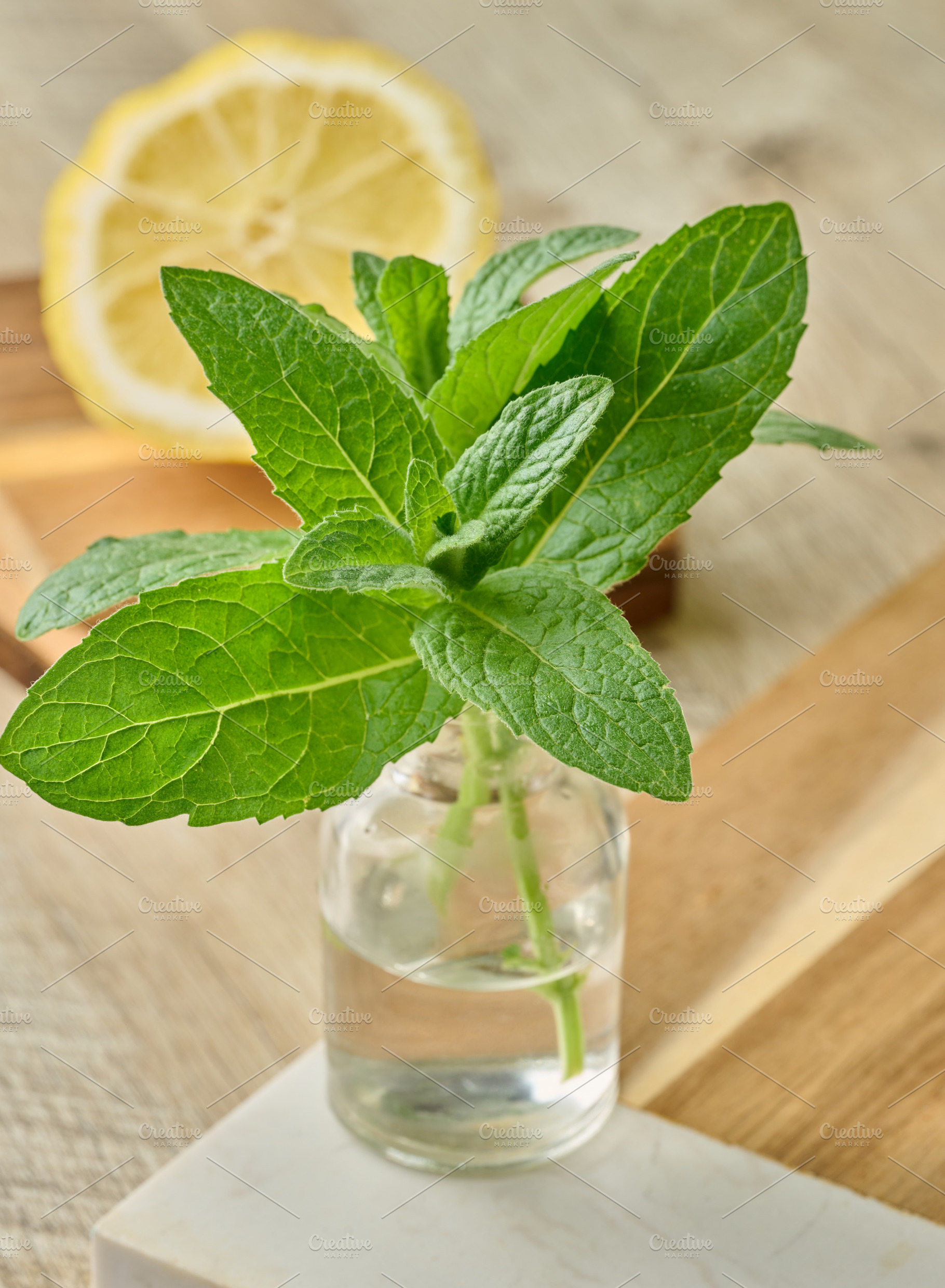 Fresh mint sprigs in a small glass bottle with water, placed on, a Food & Drink Photo by ndanko