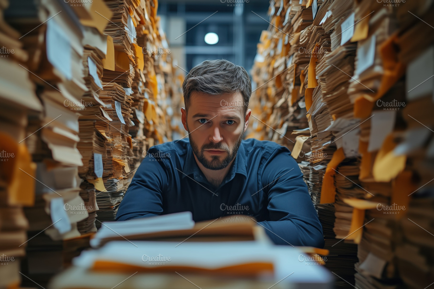 A man document specialist sitting among piles of paperwork in a cluttered offic, a Person Photo by Textures & Backgrounds