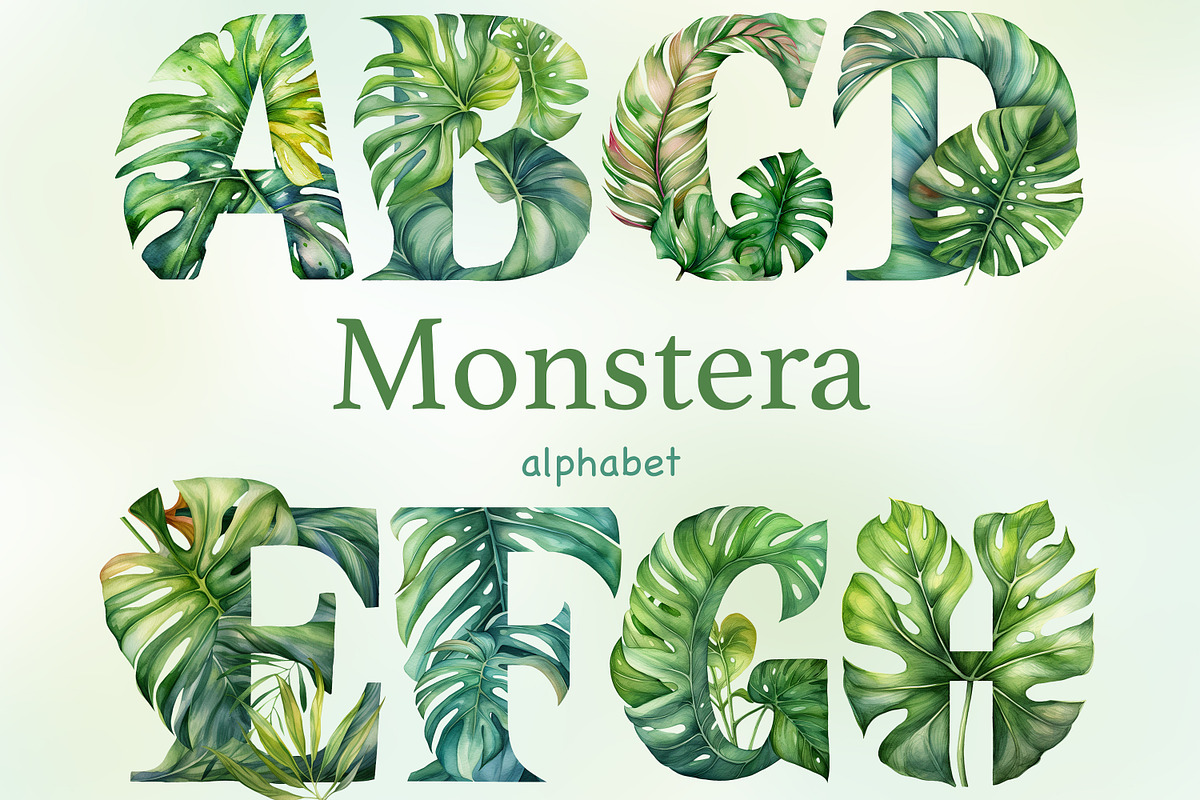 Monstera Alphabet Clipart, a Seasonal Illustration by GlamArtZhanna (Photo 1 of 5)