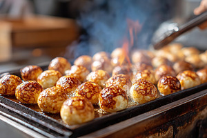 Flipping Japanese takoyaki on a hot grill during street food cooking process, a Food & Drink Photo by AlyaAnd